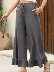 Dark Gray Ruffled Wide Leg Pull On High Waist Pants with Pockets | Pants Daverri Fashions