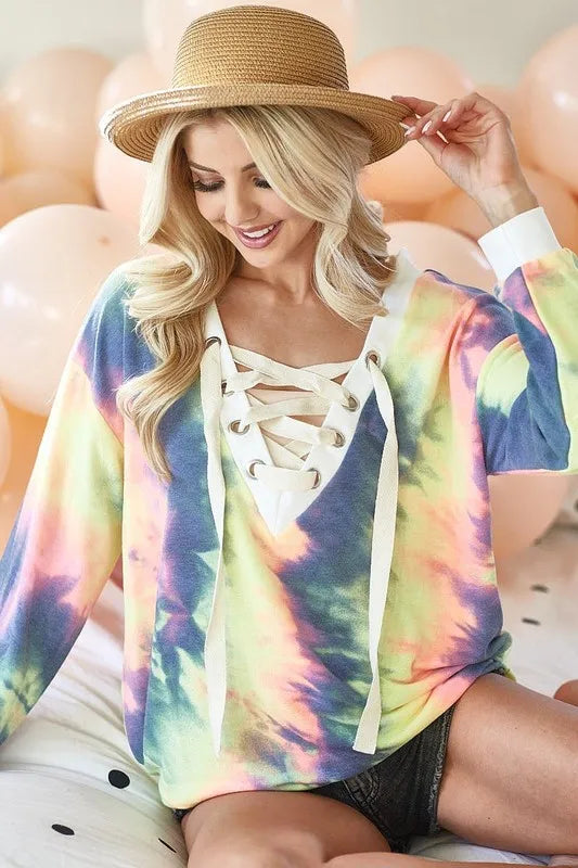 BiBi Tie Dye Deep V-Neck Top with Lace Up Front | Tops Daverri Fashions