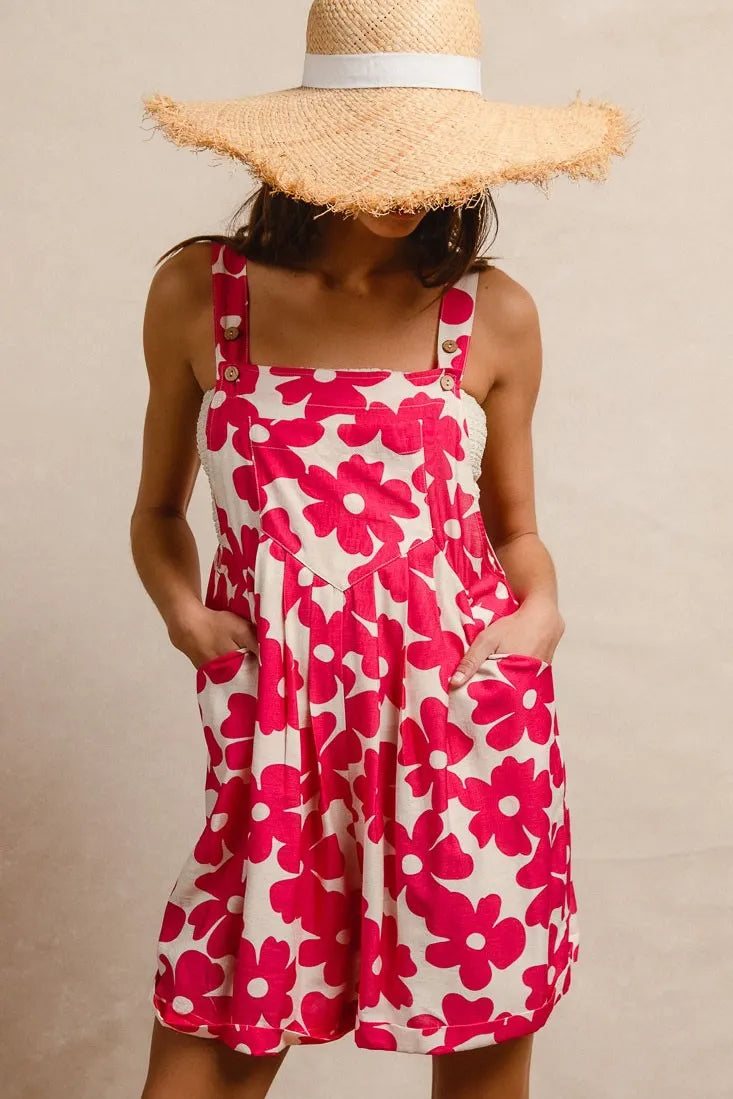BiBi Floral Prints Tuck Detail Short Overall With Pockets Overalls