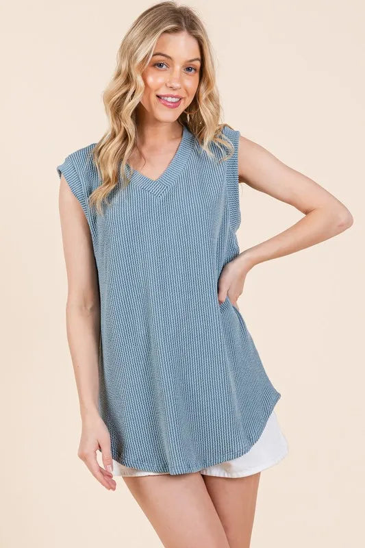 BOMBOM Rib Knit V-Neck Tank DENIM