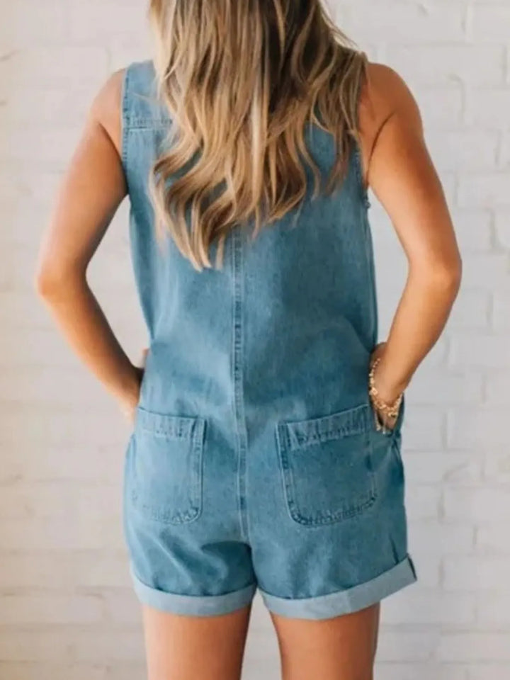 Zip Front Sleeveless Denim Romper | Rompers Daverri Fashions