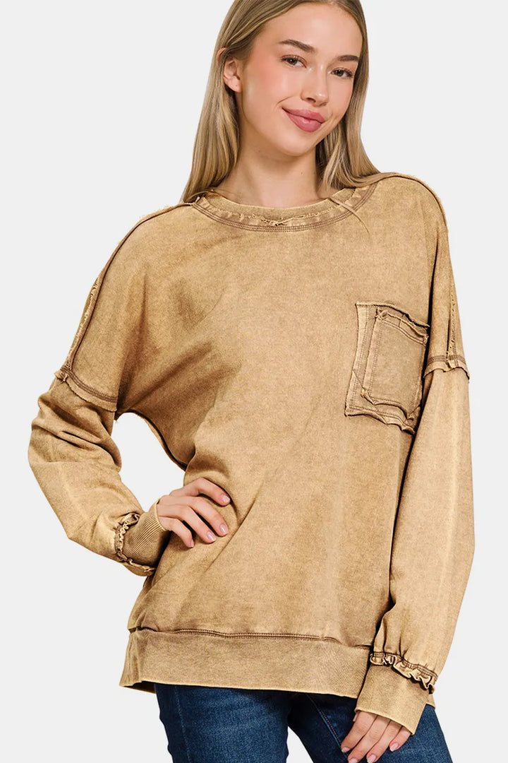 Zenana Exposed Seam Round Neck Dropped Shoulder Sweatshirt Sweatshirts