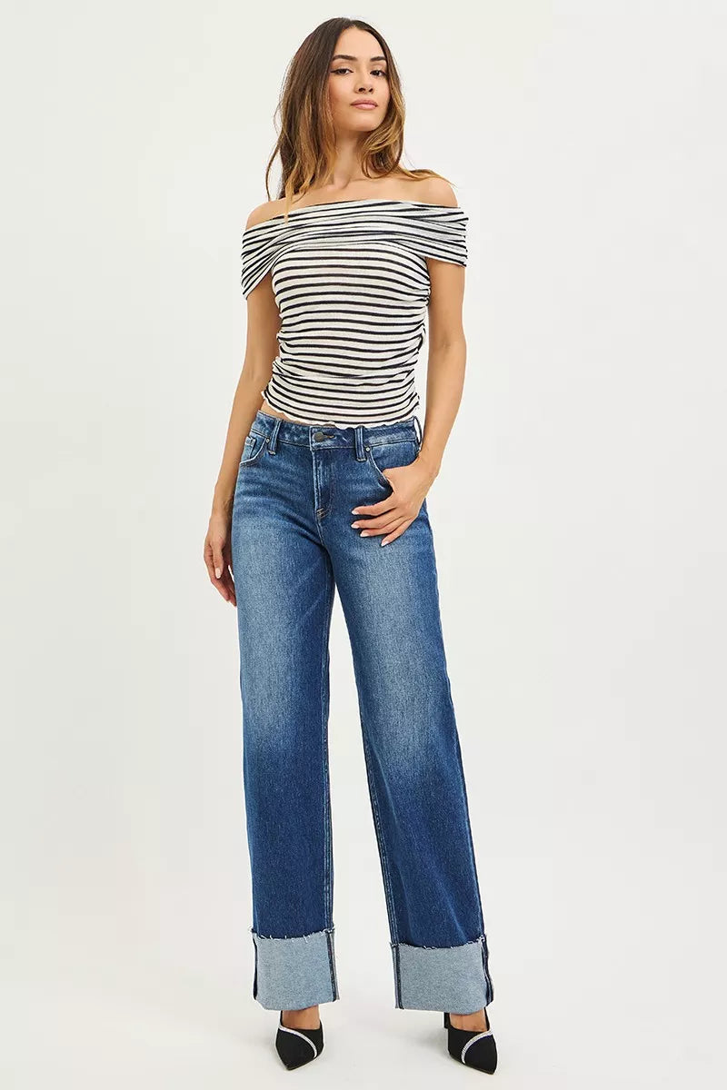 Blue Risen mid-rise wide straight jeans with rolled cuffs