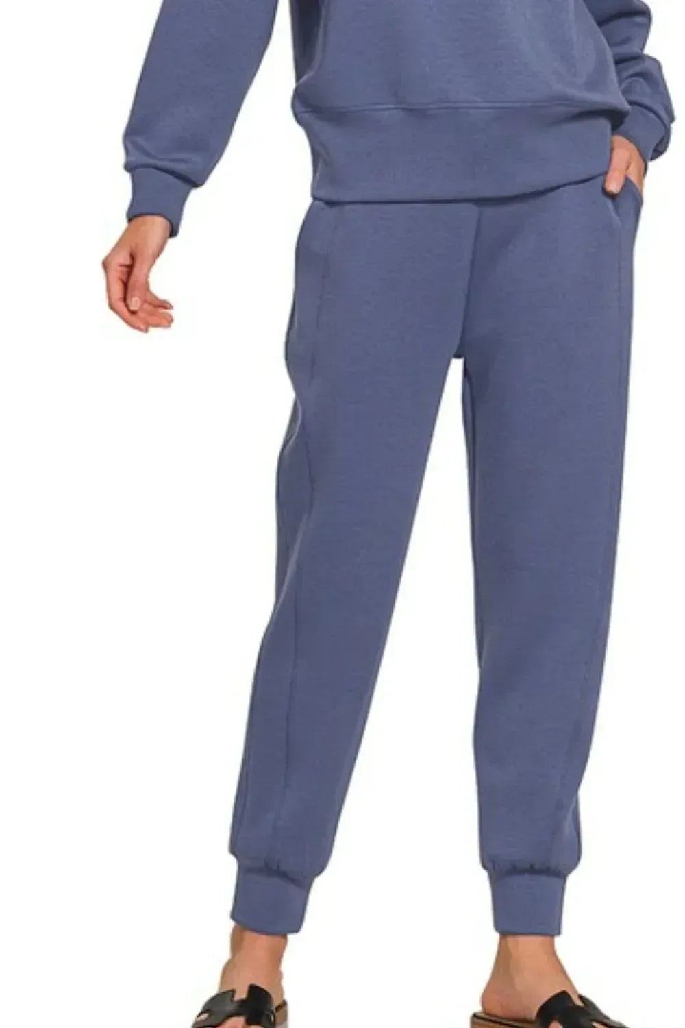 Zenana Scuba Crewneck Pullover & Joggers 2 Pieces Set Indigo - DAVERRI FASHIONS