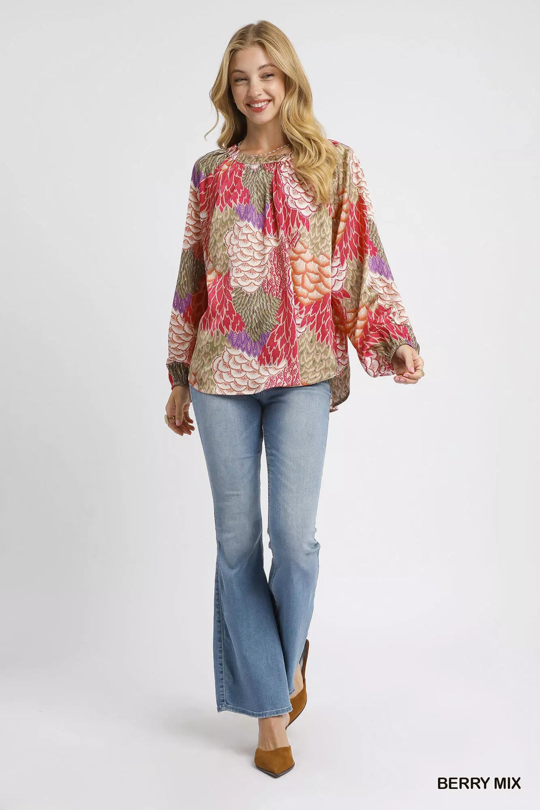 Umgee Boho Feather Print Peasant Blouse | Blouses Daverri Fashions