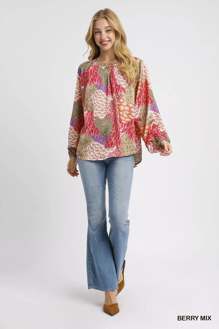 Umgee Boho Feather Print Peasant Blouse | Blouses Daverri Fashions
