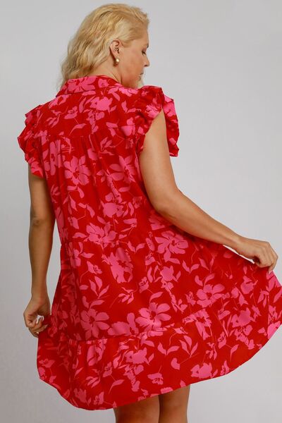 Umgee Full Size Floral Print Ruffle Cap Sleeve Tiered Dress Plus Size