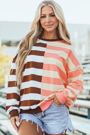 Brown Stripe Color Block Drop Shoulder Pullover Sweatshirt | Sweatshirts Daverri Fashions