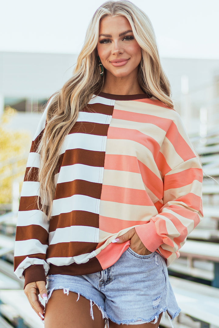 Brown Stripe Color Block Drop Shoulder Pullover Sweatshirt | Sweatshirts Daverri Fashions