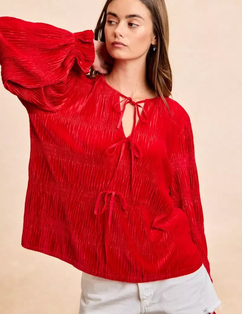 BiBi Christmas Theme Velvet Bow Tied Top With Neck Drop - DAVERRI FASHIONS