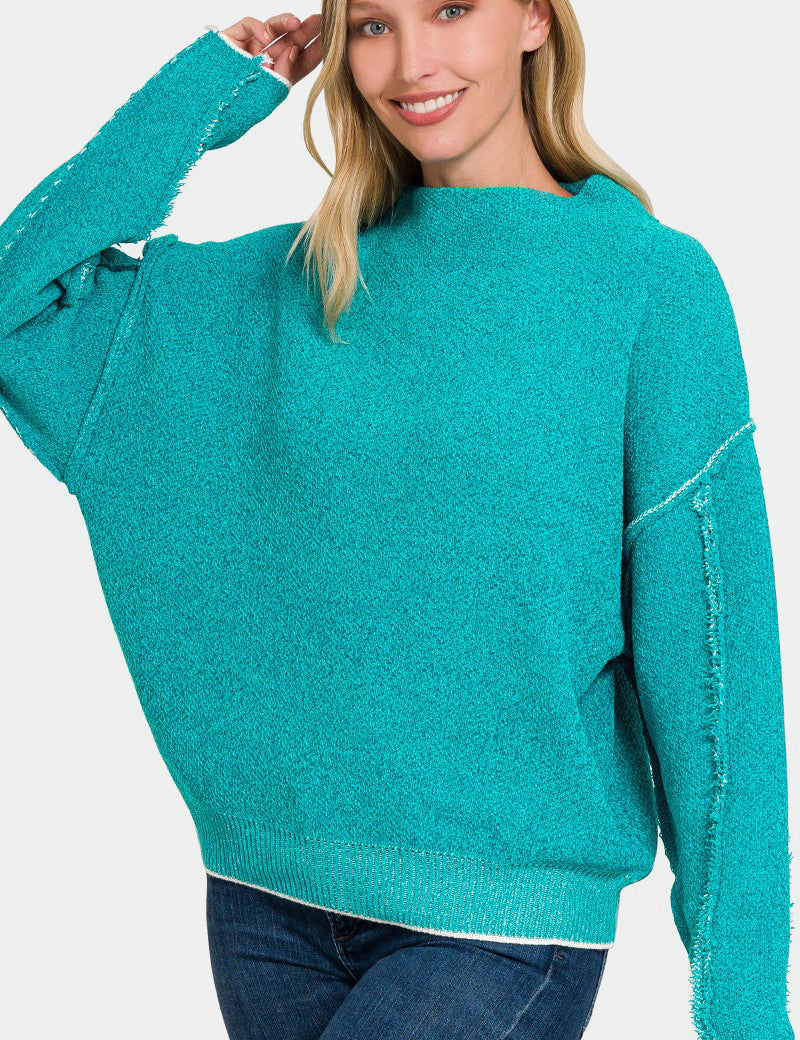 Exposed Seam Long Sleeve Teal Mock Sweater Lt Teal Tops