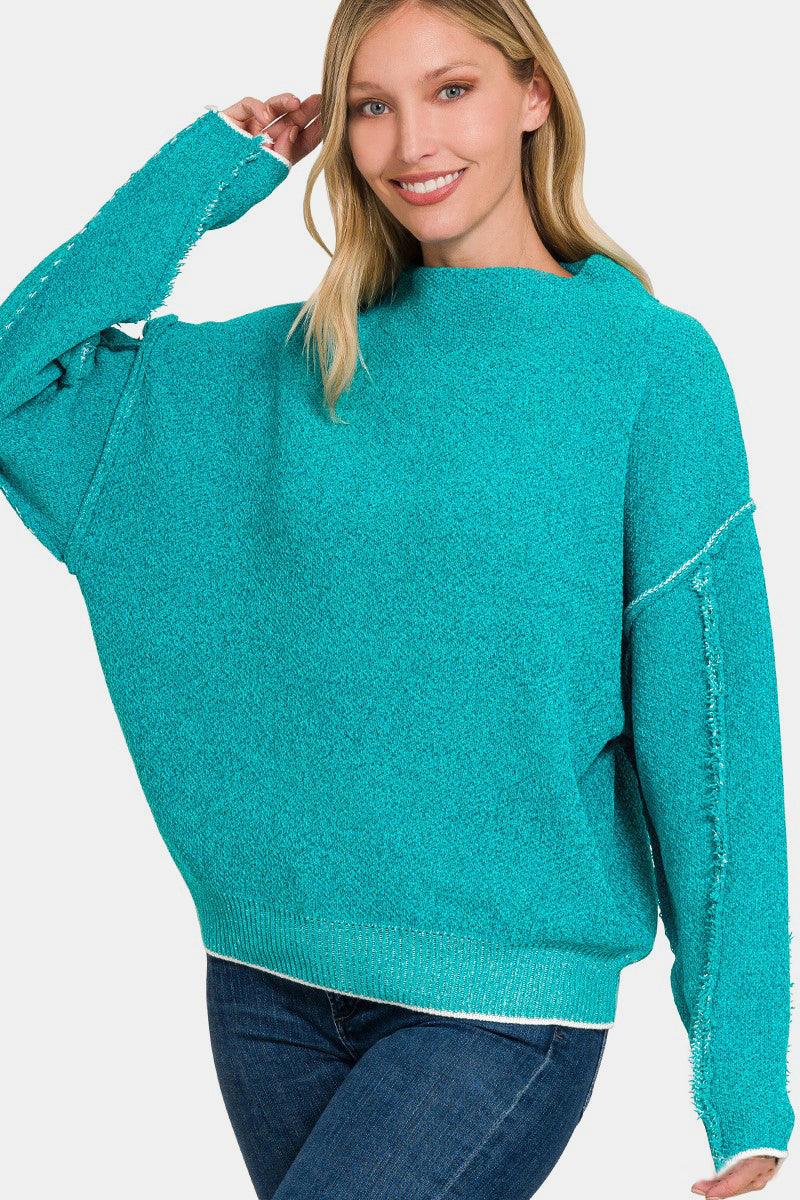 Exposed Seam Long Sleeve Teal Mock Sweater Lt Teal S M Sweaters