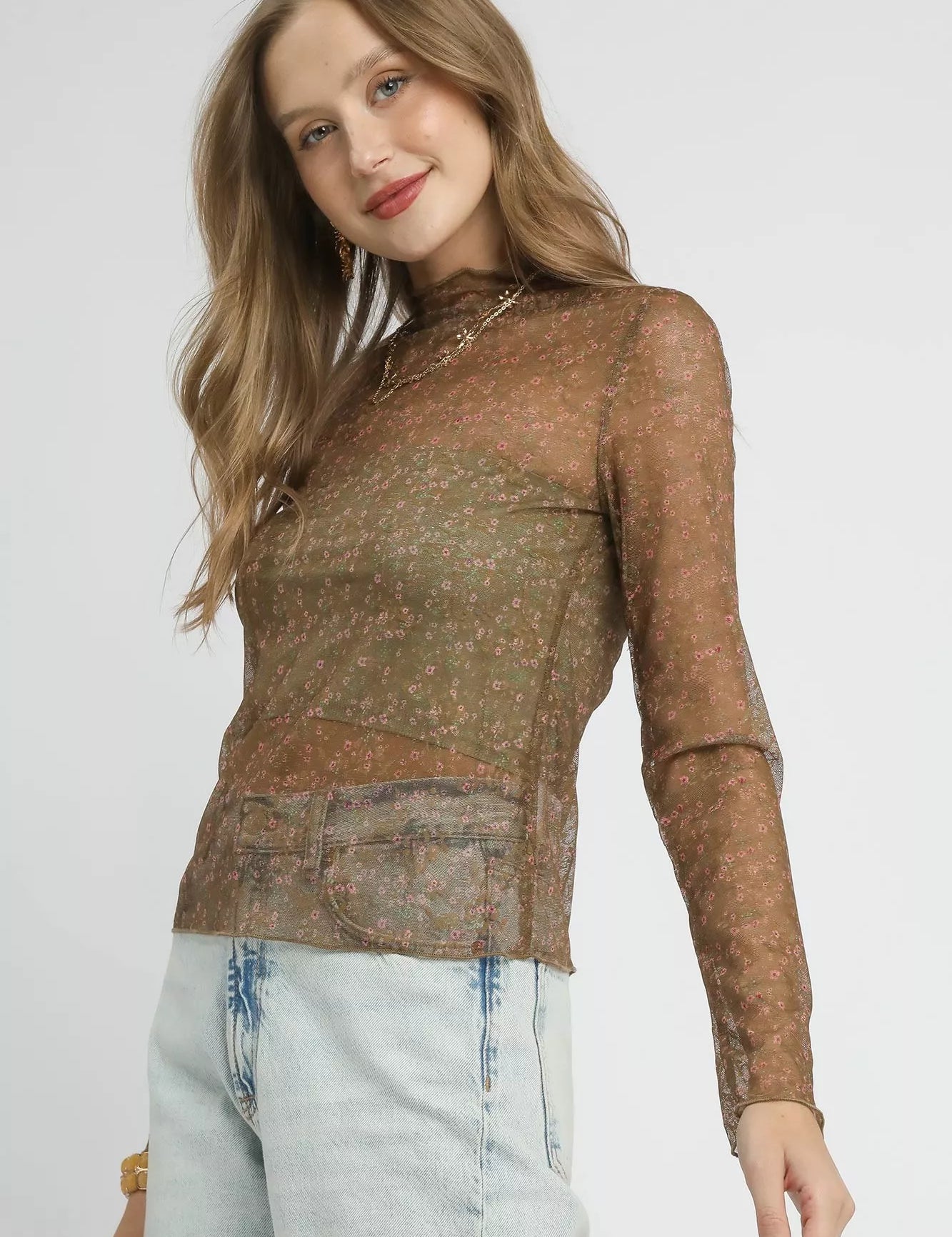 Umgee Nylon Lace Mesh Long Sleeve Top | Tops Daverri Fashions