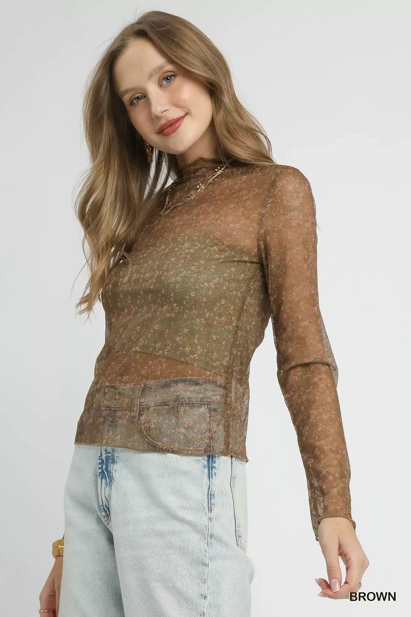 Umgee Nylon Lace Mesh Long Sleeve Top - DAVERRI FASHIONS