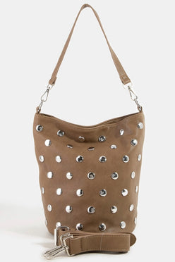 Fame studded tan leather bucket bag with silver-toned studs