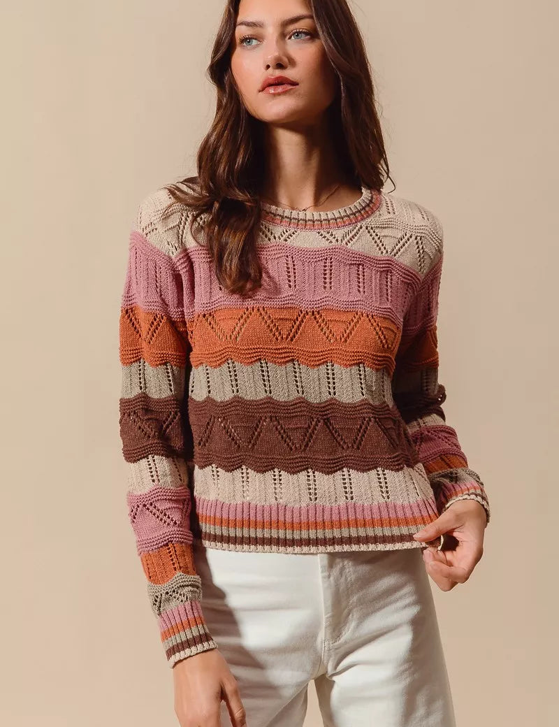 OATMEAL COMBO SO ME Multi Color Wavy Stripe Sweater Top | Daverri Fashions