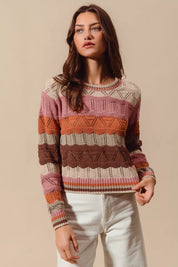 OATMEAL COMBO SO ME Multi Color Wavy Stripe Sweater Top | Daverri Fashions