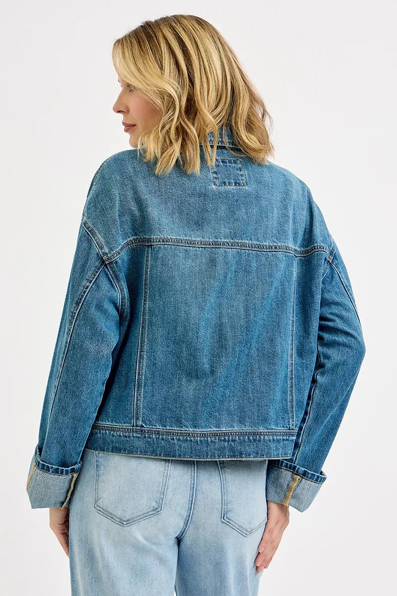 RISEN Oversized Cargo Pocket Denim Jacket with Cuffed Sleeves Denim Jackets