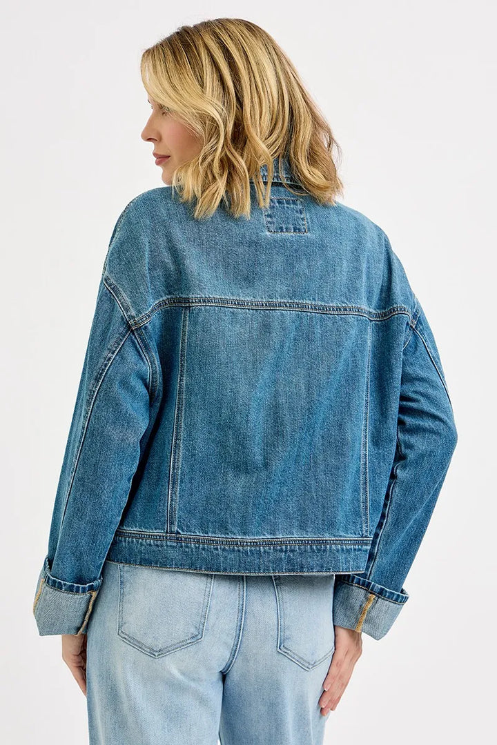 RISEN Oversized Cargo Pocket Denim Jacket with Cuffed Sleeves Denim Jackets