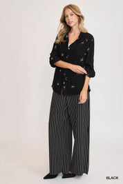 Umgee Linen Blend Fitted Shirt with Ribbon Embroidery Details | Shirts Daverri Fashions