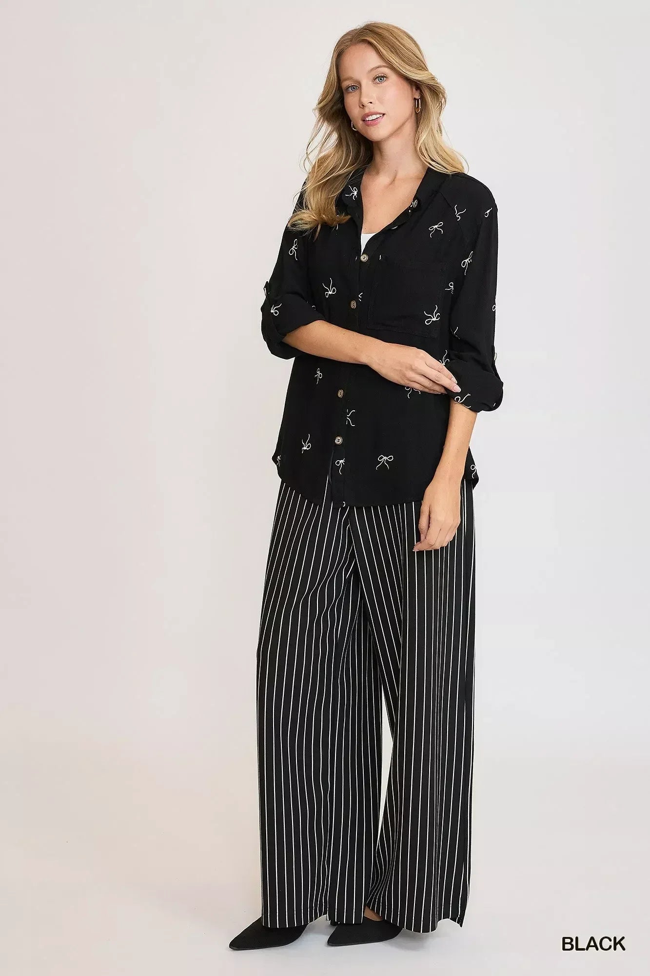 Umgee Linen Blend Fitted Shirt with Ribbon Embroidery Details - DAVERRI FASHIONS