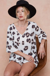 BiBi Leopard Printed V Neck Woven Top with Ruffled | Blouses Daverri Fashions