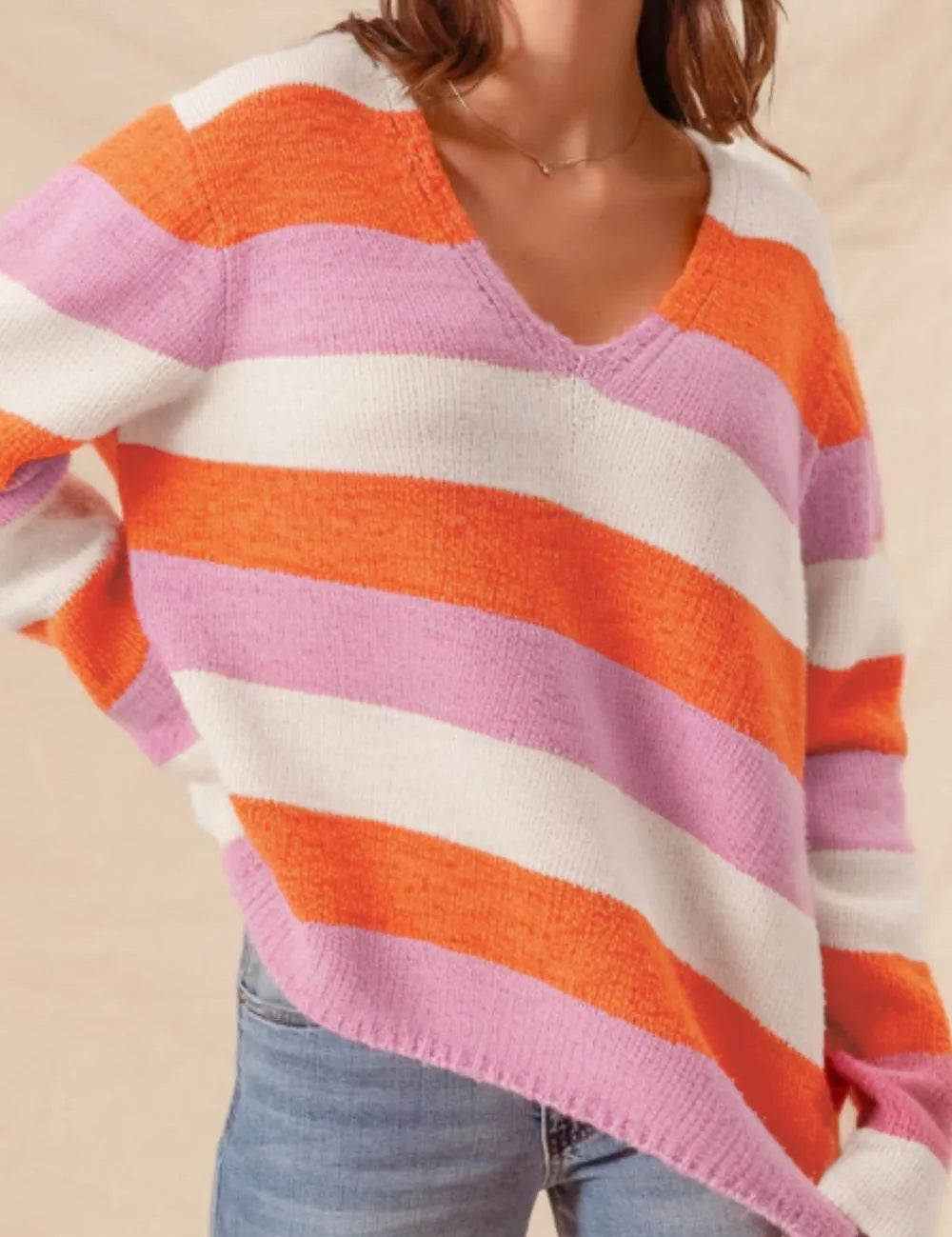 Tangerine Color Block V-Neck Long Sleeve Sweater | Sweaters Daverri Fashions