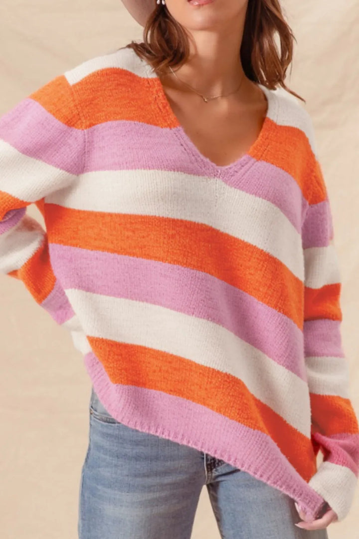 Tangerine Color Block V-Neck Long Sleeve Sweater | Sweaters Daverri Fashions