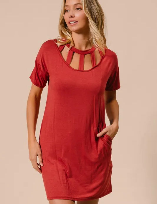 BiBi Front Cutout Mini Tee Dress with Pockets | Daverri Fashions