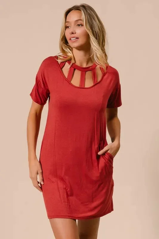 BiBi Front Cutout Mini Tee Dress with Pockets - DAVERRI FASHIONS