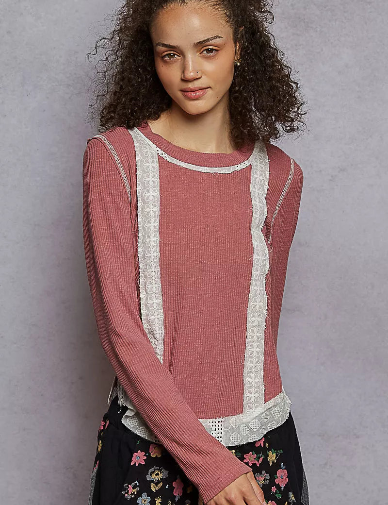 POL Contrast Round Neck Long Sleeve Ribbed Top with Eyelet Patch | Knit Tops Daverri Fashions