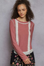 POL Contrast Round Neck Long Sleeve Ribbed Top with Eyelet Patch | Knit Tops Daverri Fashions
