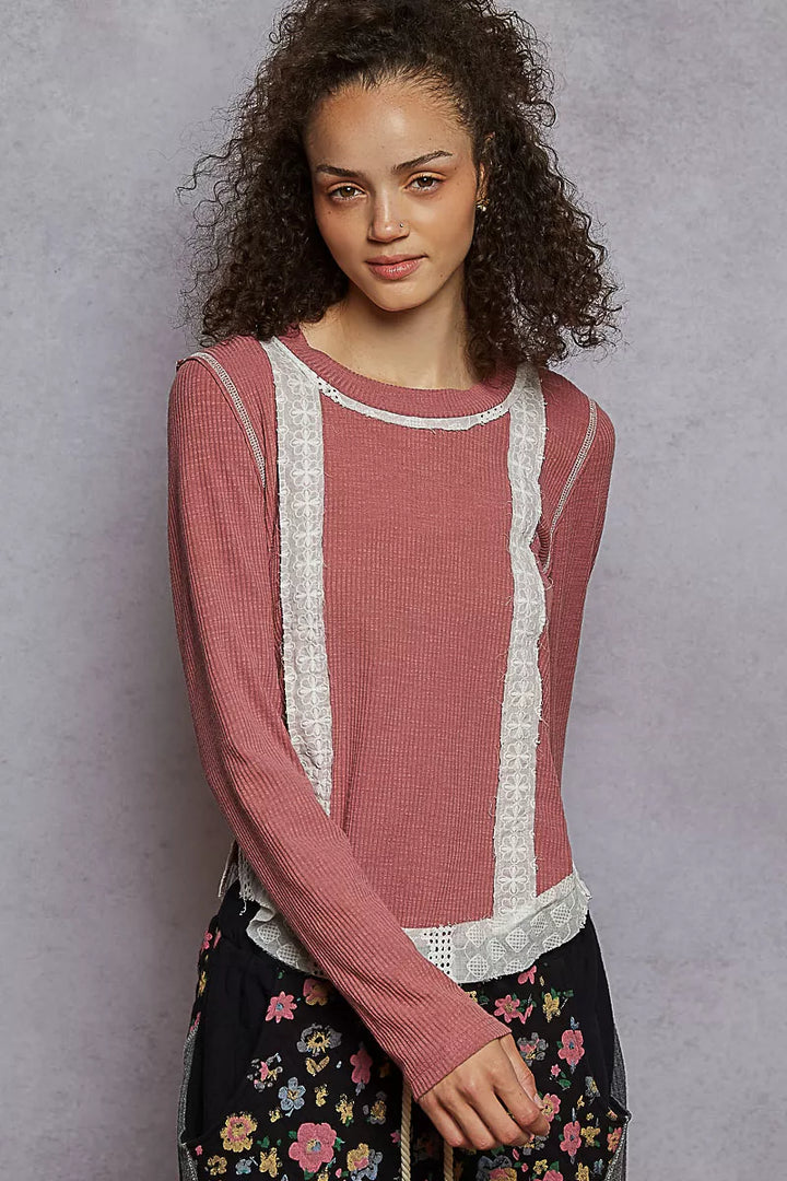 POL Contrast Round Neck Long Sleeve Ribbed Top with Eyelet Patch | Knit Tops Daverri Fashions