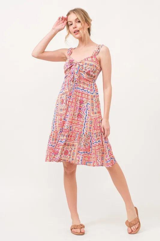 And The Why Tied Front Smocked Back Tiered Boho Printed Dress - DAVERRI FASHIONS