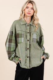 Mittoshop Button Down Contrast Plaid Patchwork Shacket Moss