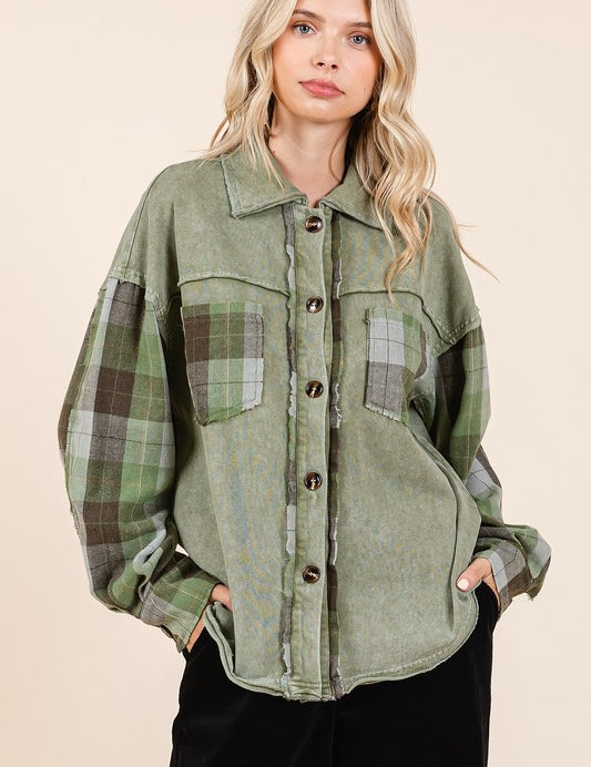 Mittoshop Button Down Contrast Plaid Patchwork Shacket Moss