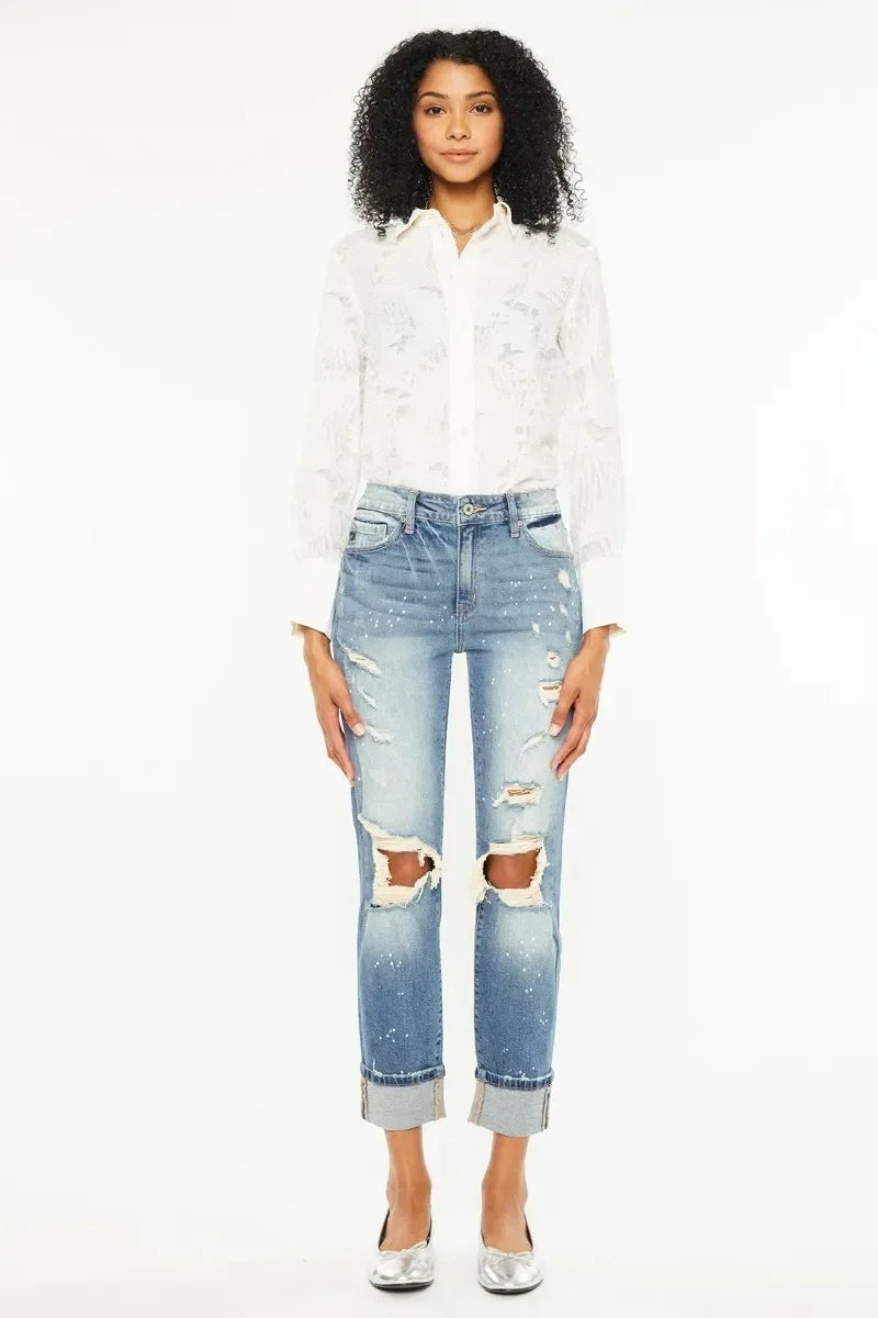 Kancan High Rise Distressed Boyfriend Fit Jeans - DAVERRI FASHIONS