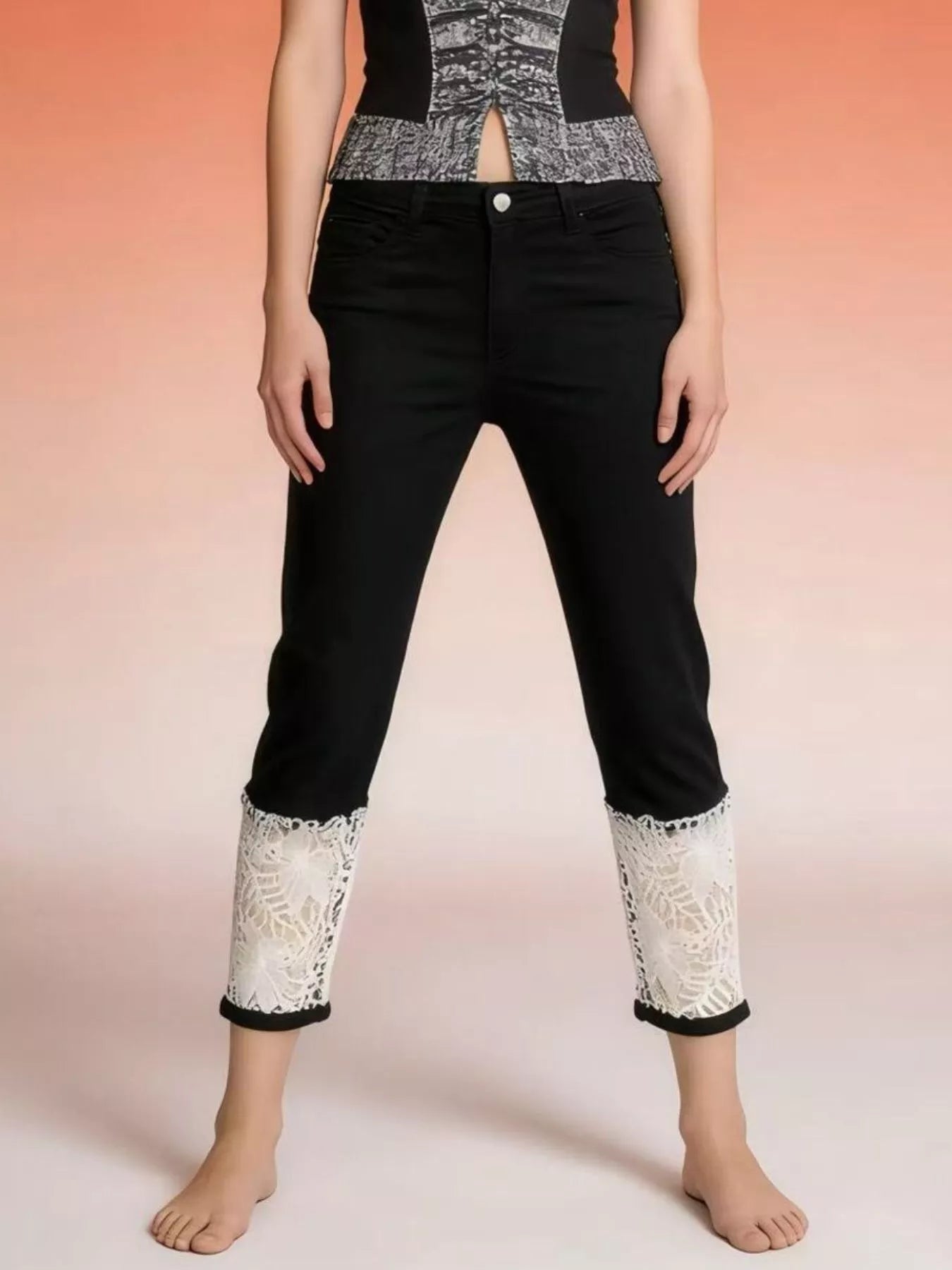 Daverri plus size lace trimmed capri jeans with white lace cuff trim on black denim