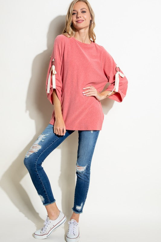 Brushed Terry Roll Up 3/4 Sleeve Top Tops