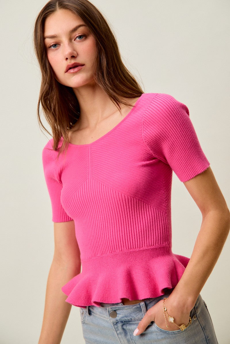 Vibrant pink SO ME ribbed knit short sleeve peplum sweater top