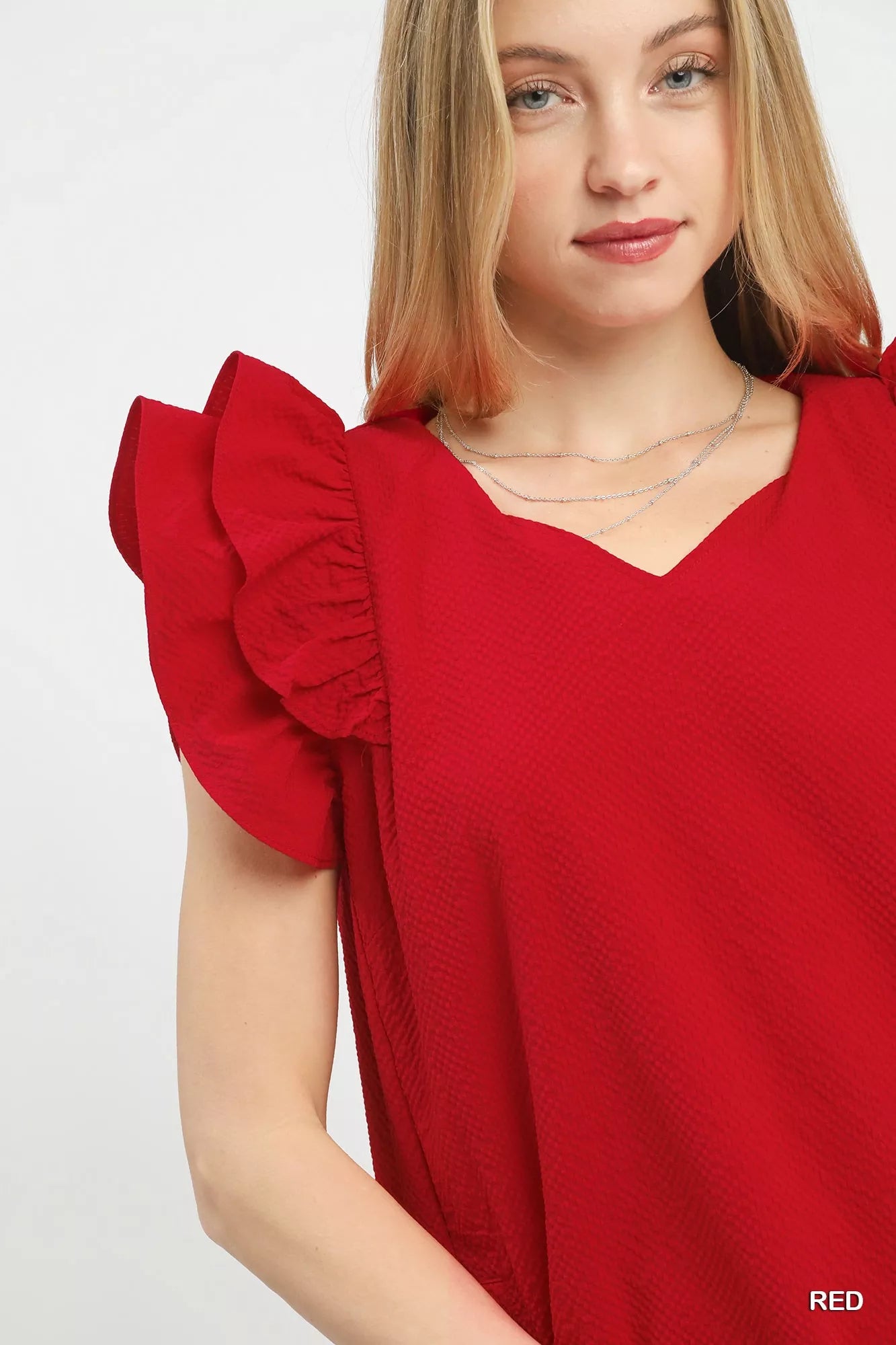 Vibrant red Umgee Seersucker Ruffle Shift Dress with shoulder ruffles