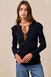 BiBi Ribbed Contrast Front Tied Shirred Fabric Top | Tops Daverri Fashions