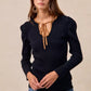 BiBi Ribbed Contrast Front Tied Shirred Fabric Top - DAVERRI FASHIONS