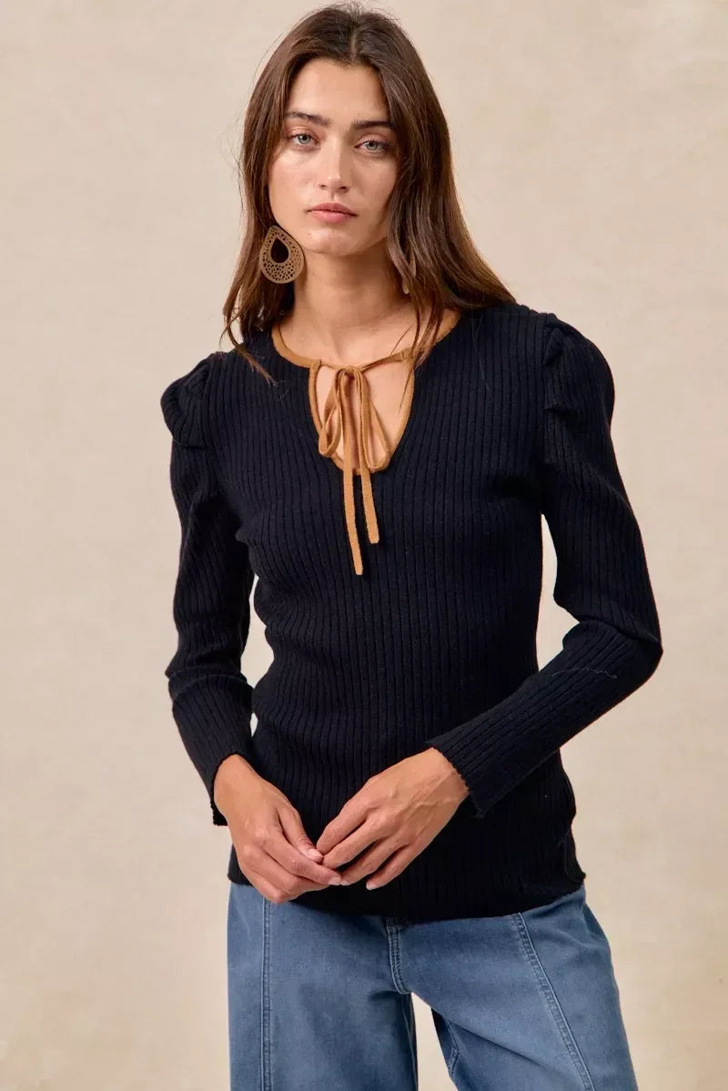 BiBi Ribbed Contrast Front Tied Shirred Fabric Top - DAVERRI FASHIONS