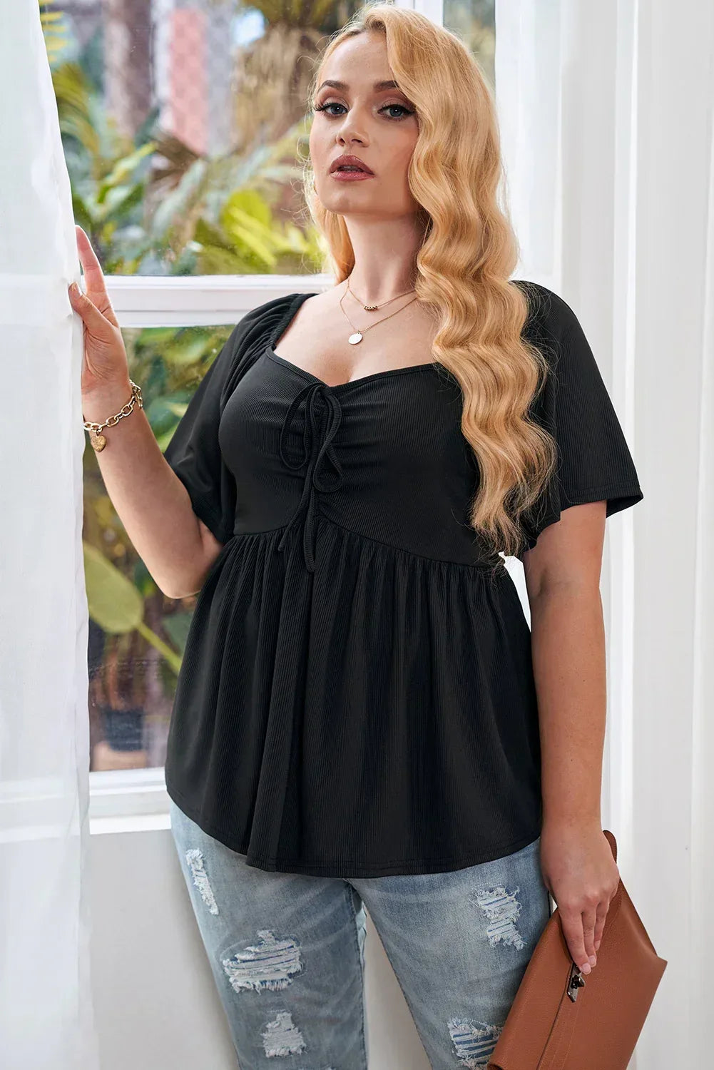 Plus Size Drawstring Sweetheart Neck Babydoll Blouse - DAVERRI FASHIONS