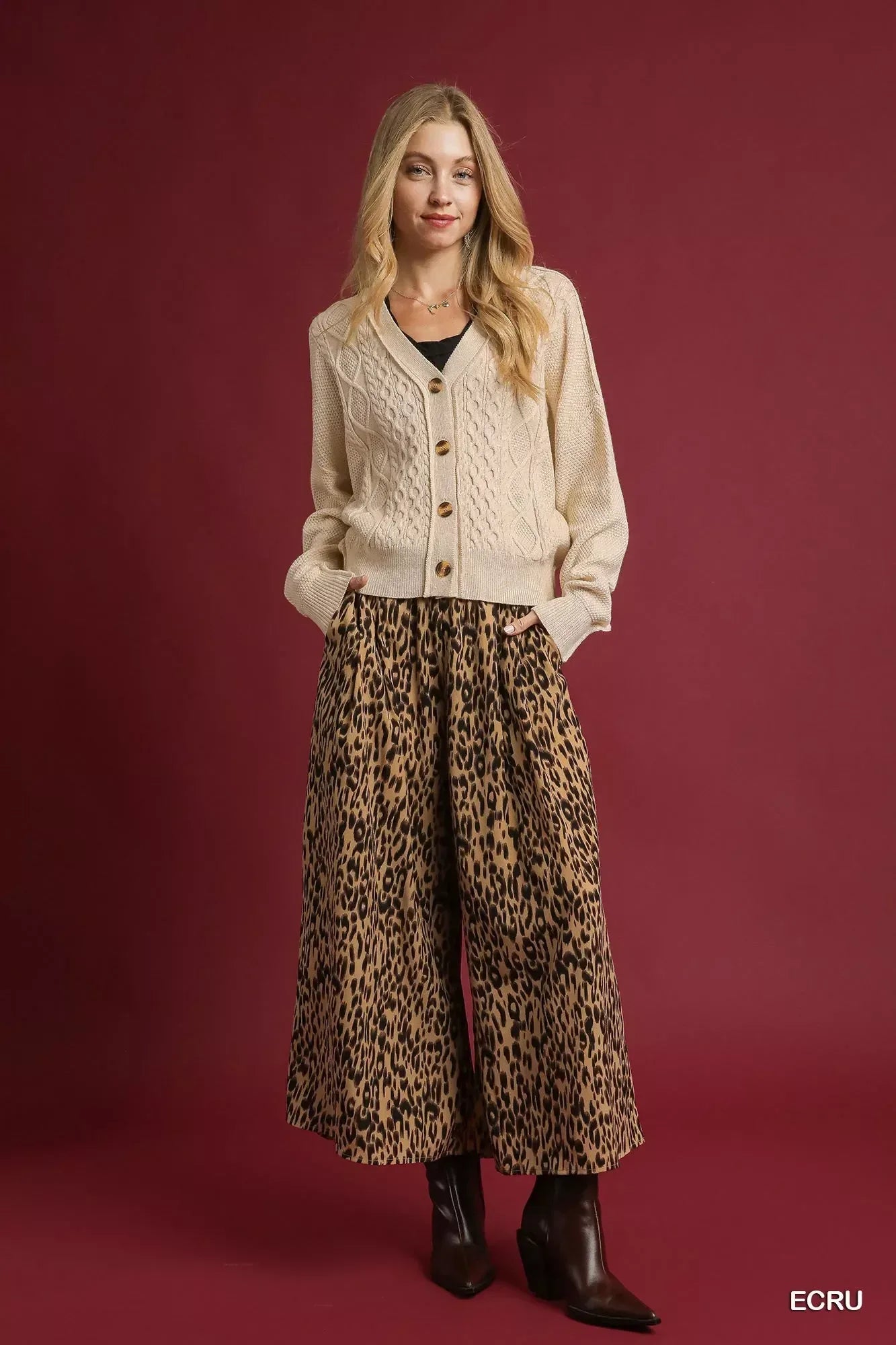 Umgee Chunky Cable Knit V-Neck Button-Up Cardigan Ecru - DAVERRI FASHIONS