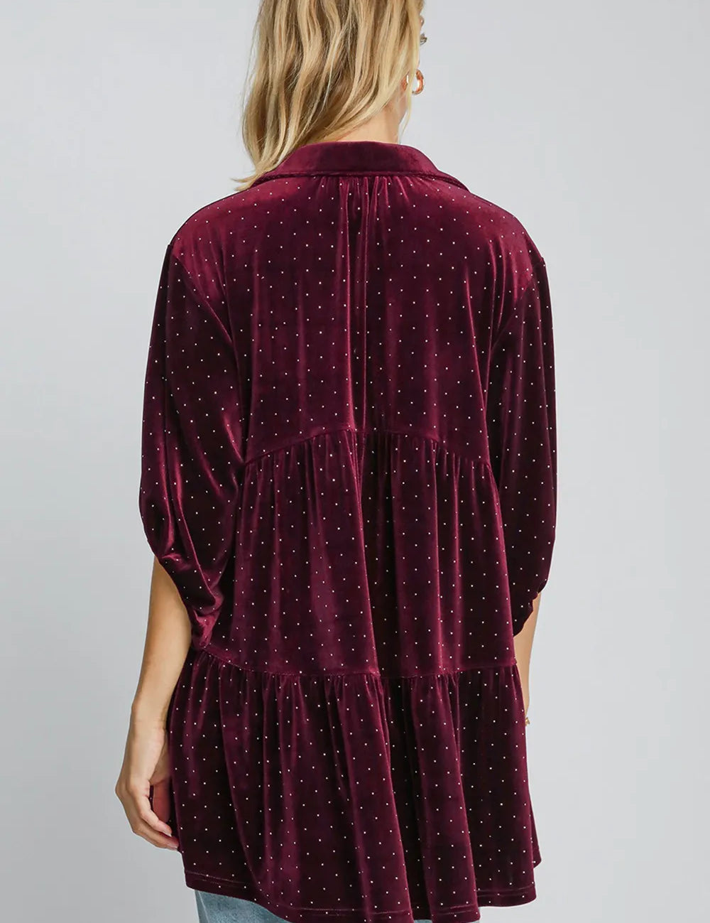 Umgee Full Size Polka Dot Button Up Half Sleeve Shirt | Daverri Fashions