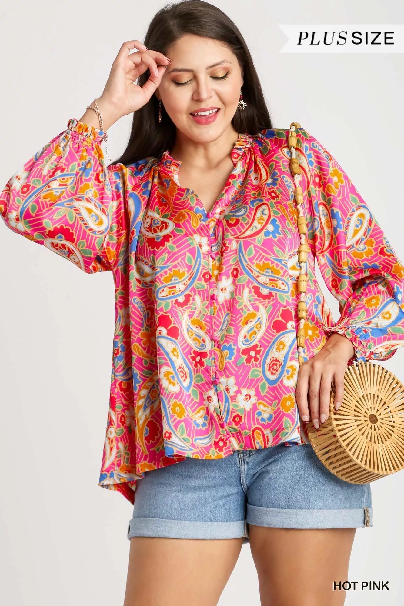 Umgee Full Size Satin Paisley Ruffle Neck Button-Up Shirt Plus Size | Shirts Daverri Fashions