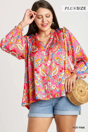 Umgee Full Size Satin Paisley Ruffle Neck Button-Up Shirt Plus Size | Shirts Daverri Fashions