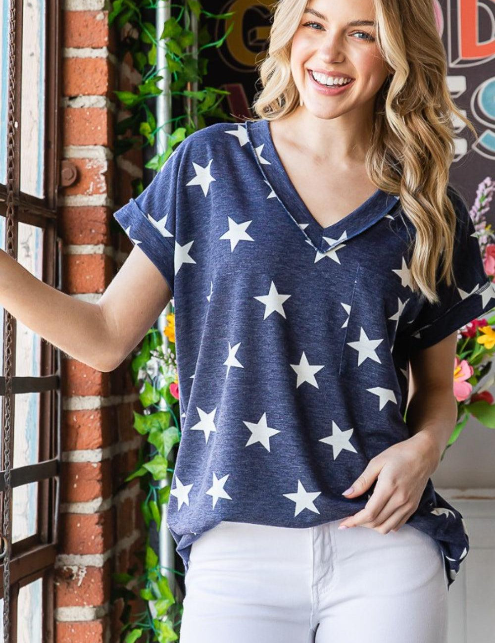 Heimish Full Size Star Print V-Neck Short Sleeve T-Shirt NAVYSTAR Shirts & Tops